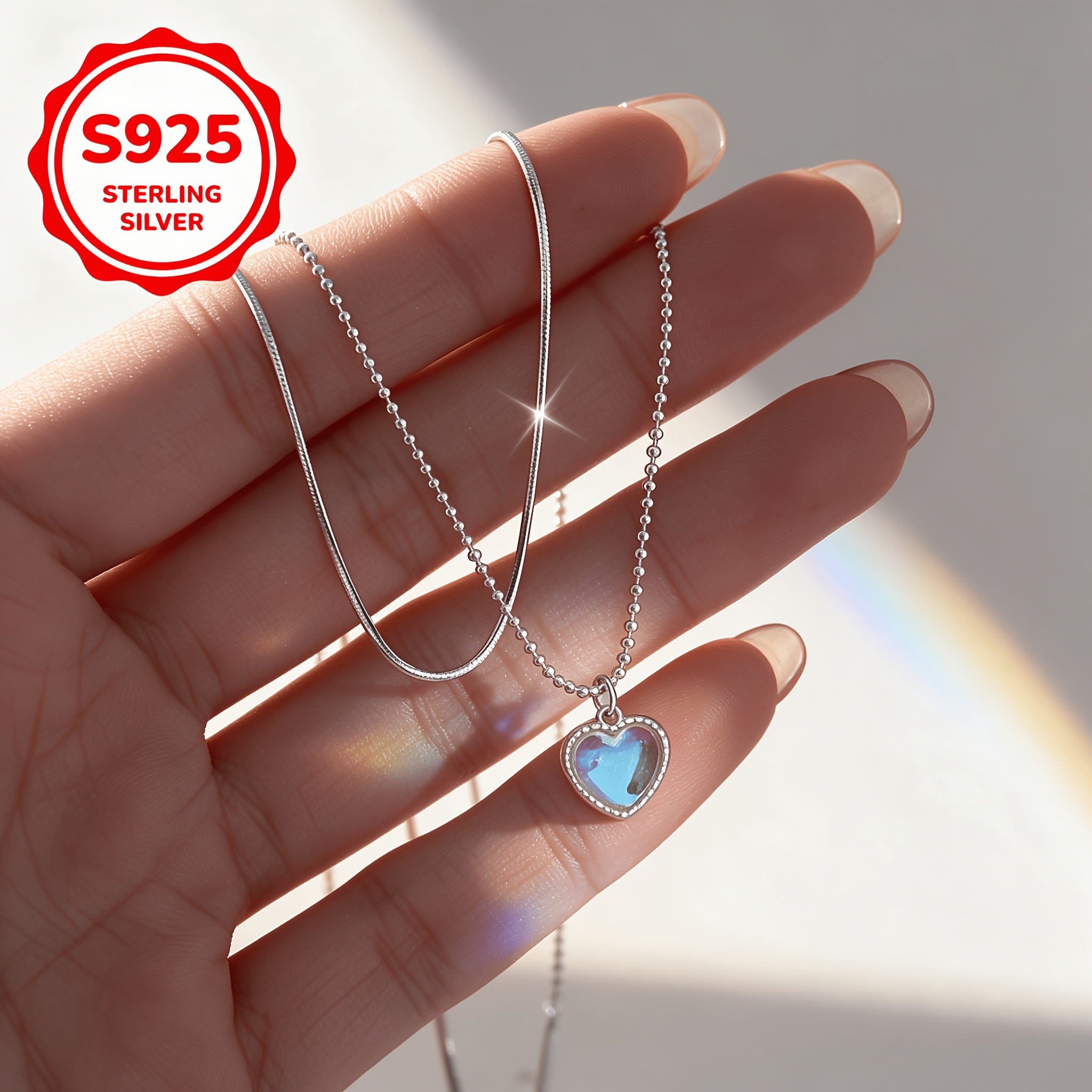 Women's 925 Silver Double-Layer Heart Pendant Necklace, Versatile